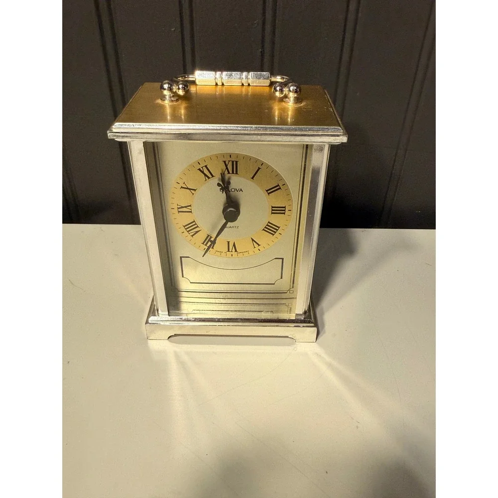 Bulova Quartz Carriage Clock Two Tone Silver Gold Roman Numeral Made in Germany